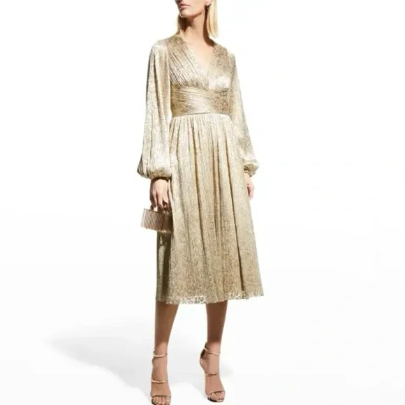 Aidan Mattox Gold Metallic Long Sleeve Midi Dress Size 8 Party Feminine  A-Line